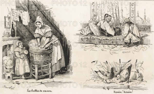 The soap bubbles, Child blowing soap bubbles, two men in Chinese costume and two ducks, Kouin!