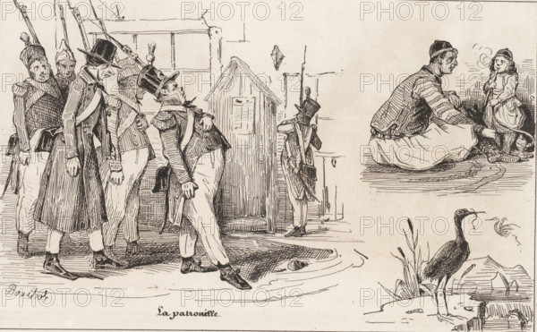 Soldiers on patrol, child by a hookah and a stork, La patrouille, Le petit magasin d'estampes,