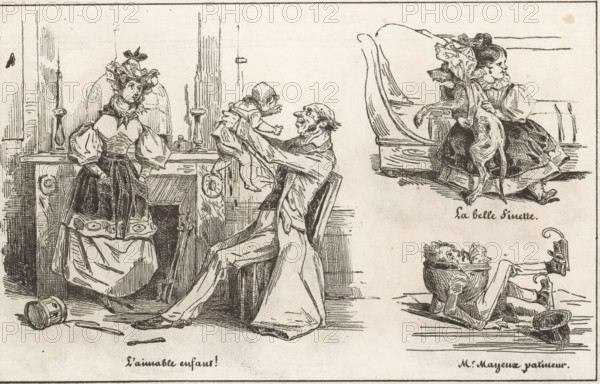 La belle Finette, Family, girl with dressed-up dog and fallen skater, L'aimable enfant!, Mr. Mayeux