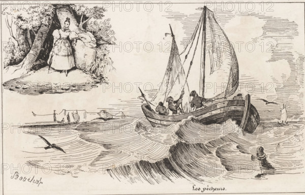The Fishermen, Forest landscape with woman and fishing boat at sea, Small collection of prints, Le