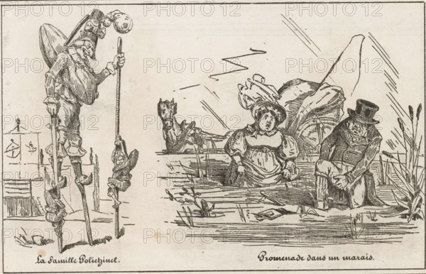 Promenade in a marsh, The Polichinel family, Stilt walker and travelers stranded in a swamp, Small