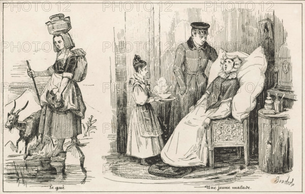 Woman with goat and sick woman in chair, Le gué, Une jeune malade, Le petit magasin d'estampes,