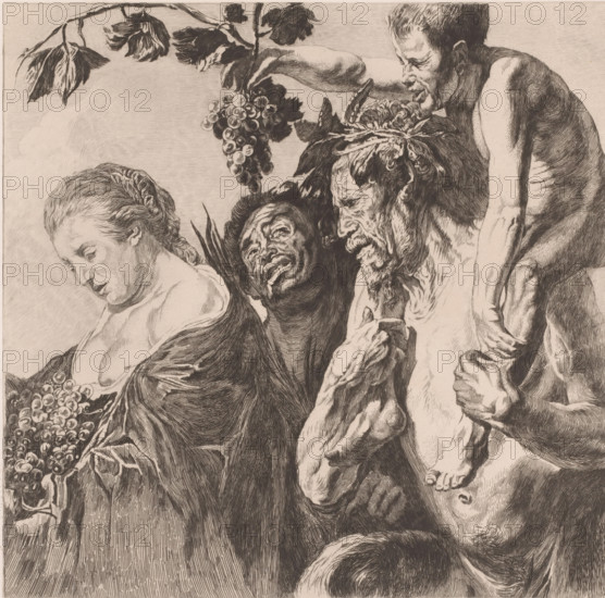 Bacchantes, satyr and woman with grapes, print, printmaker: Charles Théodore Bernier (signed by