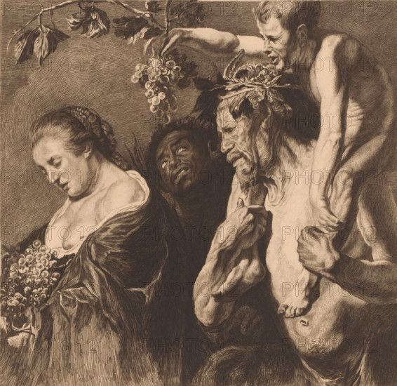 Bacchantes, satyr and woman with grapes, print, printmaker: Charles Théodore Bernier, after