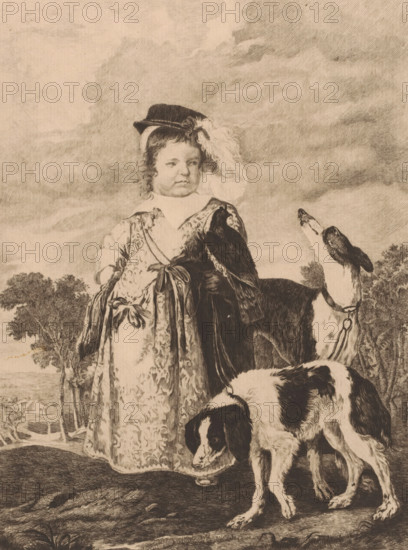Portrait of an unknown child with two dogs, print, printmaker: Charles Théodore Bernier (signed by
