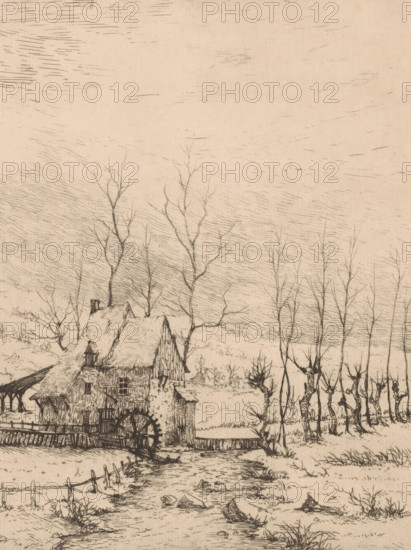 Winter landscape with watermill, print, annotation: '1st Etat. 1er Epreuve', printmaker: Aristide