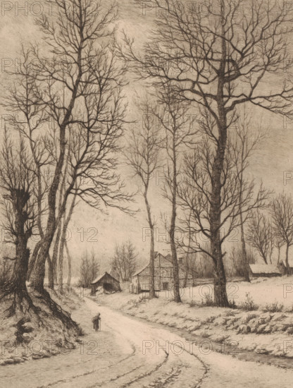 Winter landscape near Auderghem, Hiver à Auderghem (Belgium), print, printmaker: Aristide de Biseau