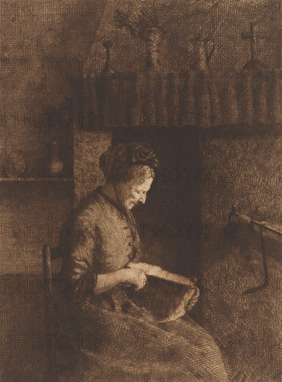 Old woman cutting a slice of bread, print, annotation: 'Imp. Van Campenhout', printmaker: Herman