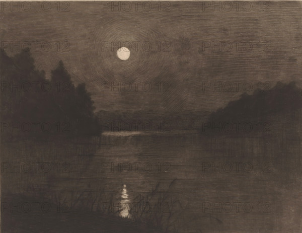 Moonlight on a lake surrounded by trees, print, printmaker: Herman Boulenger (signed by artist),