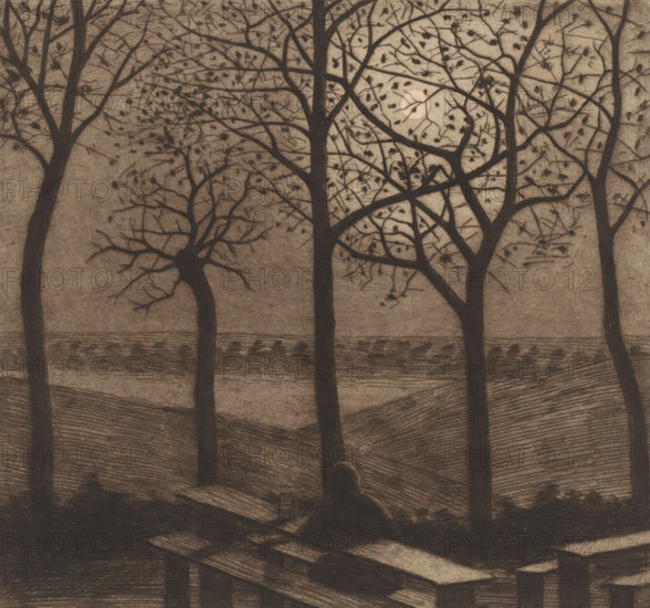 Figure at a picnic table in a moonlit landscape with bare trees, print, annotation: '10th Etat',