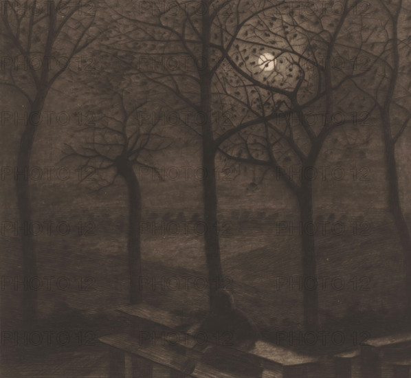Figure at a picnic table in a moonlit landscape with bare trees, print, printmaker: Herman