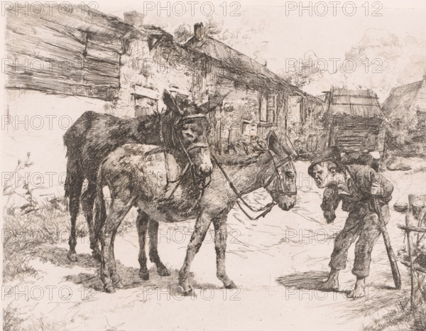 Man shouting at two donkeys, print, annotation: '1st state', printmaker: Léon Brunin (signed by