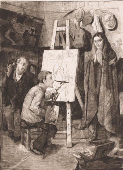 Painter, his model and an art lover in the studio, L'artiste, son modèle & l'amateur, print,