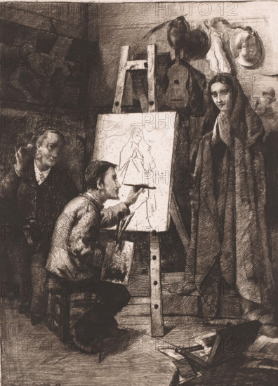 Painter, his model and an art lover in the studio, L'artiste, son modèle et l'amateur, print,