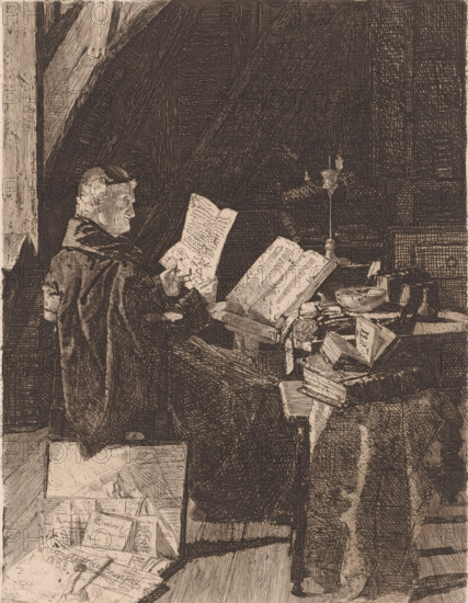 Clergyman studying ancient writings, print, annotation: 'Etat', printmaker: Constant De Bruyne,