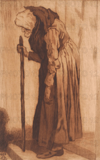 Old woman leaning on a cane in a doorway, print, annotation: 'une epreuve 1er état', printmaker: