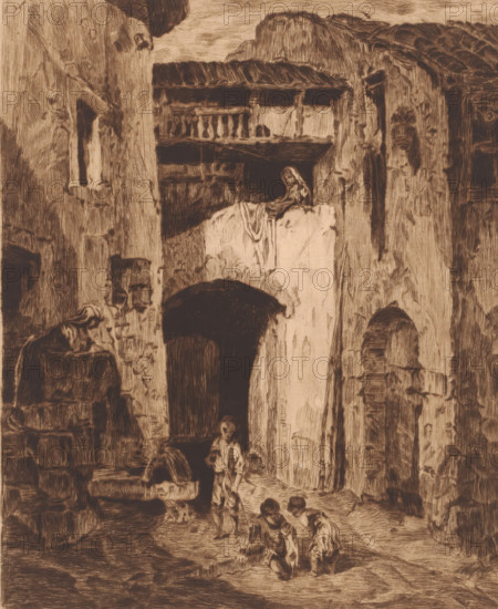 Cityscape with three children playing in the street, under the watchful eye of two women, print,