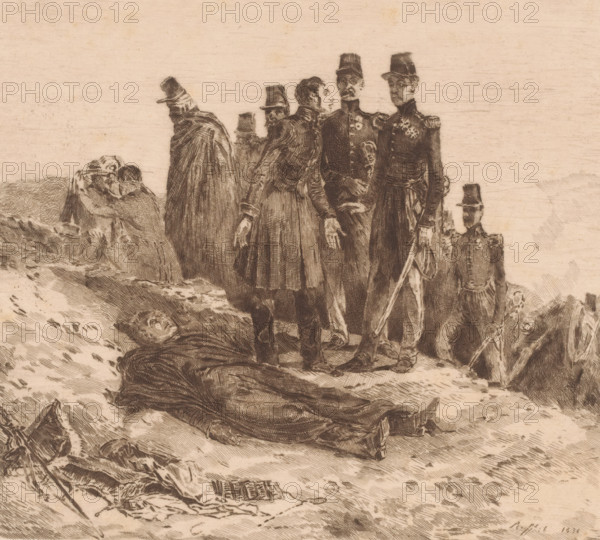 Death of General Ambremont on the battlefield, print, annotation: '1er état', printmaker: Florimond