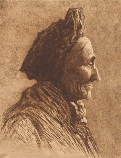 Portrait of an unknown old woman, in profile, print, annotation: '2nd state', annotation: 'original