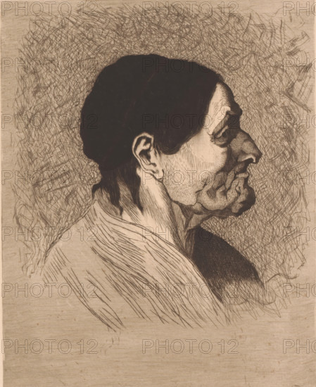 Portrait of an unknown old woman, in profile, print, annotation: '2 eupreuves MC', annotation: '2me