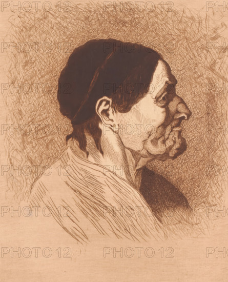 Portrait of an unknown old woman, in profile, print, annotation: '3rd state', annotation: '2 proofs