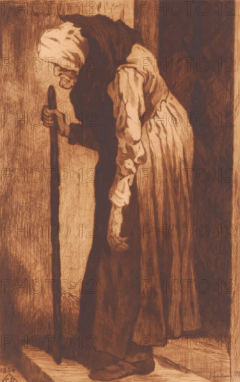 Old woman leaning on a cane in a doorway, print, annotation: '2 epreuves', printmaker: Mary Hector