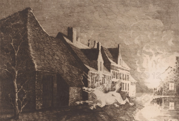 Village scene with horse fleeing from a fire, print, printmaker: Armand Collard, 1848 - 1909,