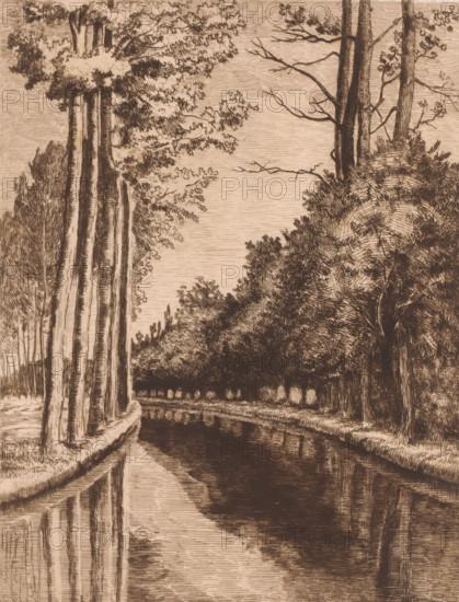 View of the Herentals Canal with a reclining dog below, print, printmaker: Armand Collard, 1848 -