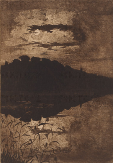 Water by moonlight, print, Reflection of the landscape in the water by moonlight. Two swans are