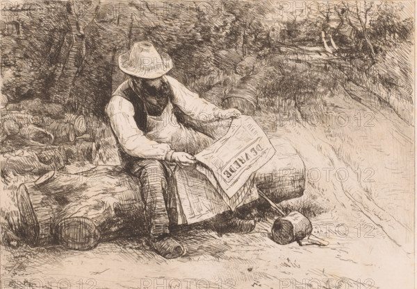 Woodcutter reading on a tree stump in the forest, print, mark: 'Antwerpsche Etsers 1880',