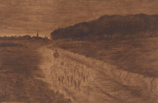 Flock of sheep with shepherd on a heath road, print, annotation: '2eme etat, deux epreuves',