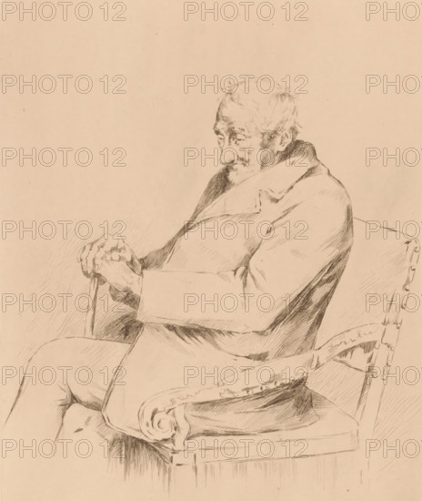 Old man with walking stick in a chair, print, annotation: '1er état', printmaker: Louise Danse