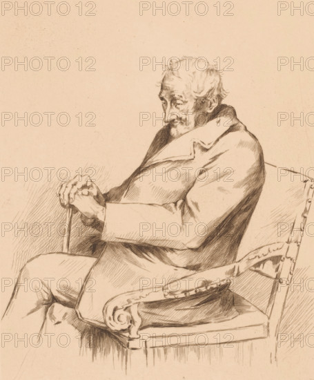 Old man with a walking stick in a chair, print, annotation: '2ème état', printmaker: Louise Danse