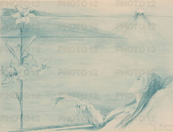 Dying young woman with a lily, print, annotation: '3ième Etat - 2 épreuves', printmaker: Louise