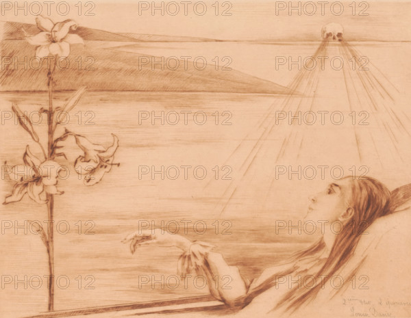 Dying young woman with a lily, print, annotation: '2ième état - 2 épreuves', printmaker: Louise