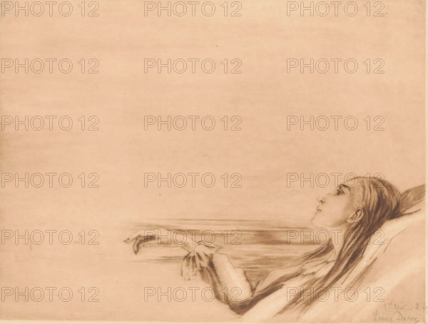 Dying young woman with a lily, print, annotation: '1er Etat - 2 épreuves', printmaker: Louise Danse