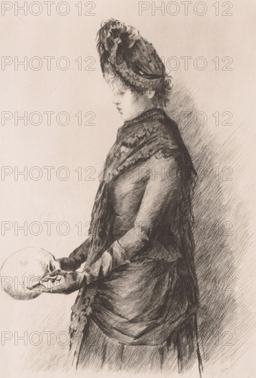 Young woman with a skull in her hands, print, annotation: '2nd state', printmaker: Louise Danse