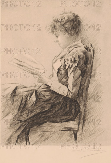 Young woman reading a letter, print, annotation: '2ème', printmaker: Louise Danse (signed by