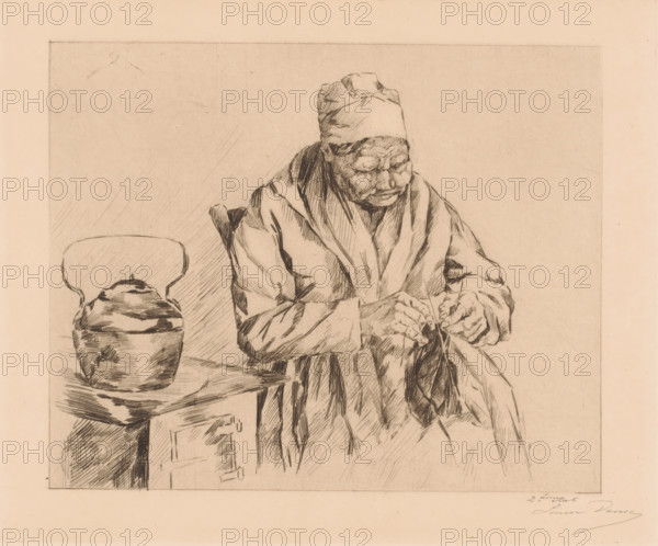 Old woman knitting by the stove, print, annotation: '2ième état', printmaker: Louise Danse (signed