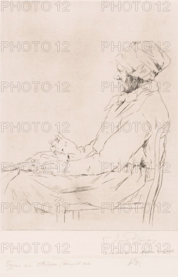 Old woman with a cat on her lap, print, annotation: 'Type de Bièvre (Seine et Oise', annotation: