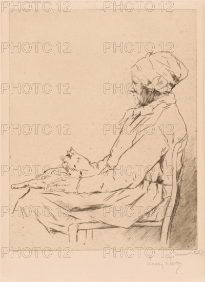 Old woman with a cat on her lap, print, annotation: 'dernier etat', printmaker: Louise Danse