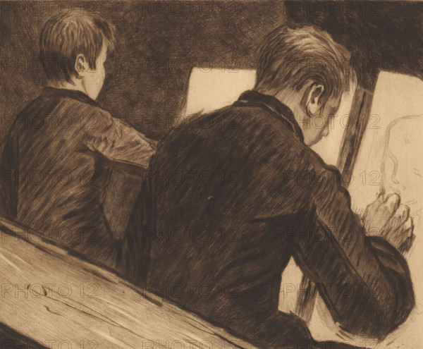 Two students in the drawing school, print, annotation: 'd'après nature 2me etat, tirer a trois