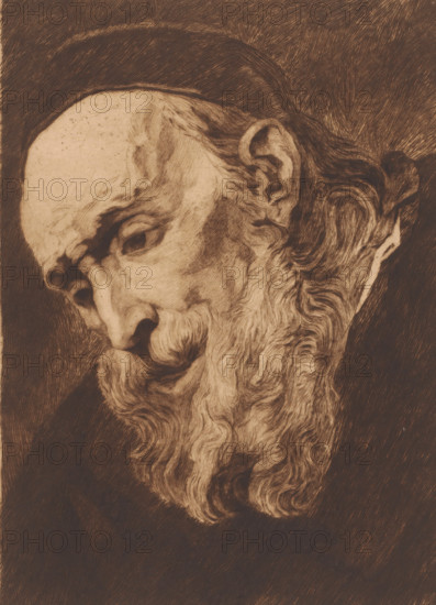 Head of a bearded old man looking down, print, annotation: '2eme etat, epreuve unique', printmaker:
