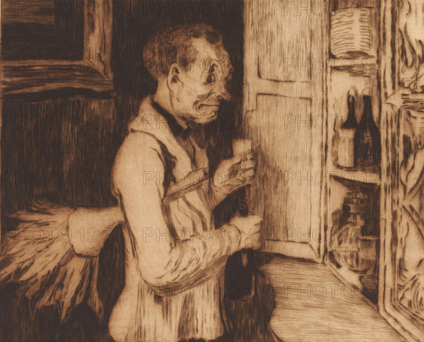 Butler with a feather duster by the drinks cabinet, print, annotation: '2me etat, deux epreuves de