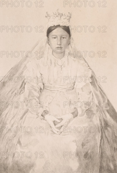 Sitting young woman in bridal dress, print, annotation: '3 epreuves, 2eme état', printmaker: