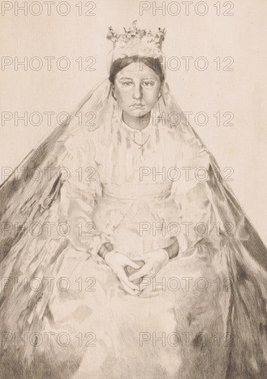 Sitting young woman in bridal attire, print, annotation: '1er état, 3 epreuves', printmaker: