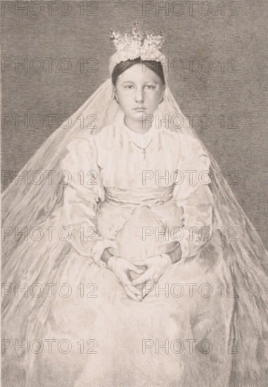 Sitting young woman in bridal attire, print, annotation: '3rd stage', printmaker: Auguste Danse