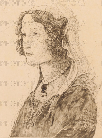 Detail from a fresco by Botticelli, face of a young woman, print, annotation: '1er etat, 3 epreuves