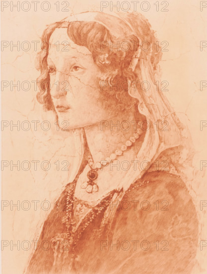 Detail from a fresco by Botticelli, face of a young woman, print, annotation: 'dernier etat',