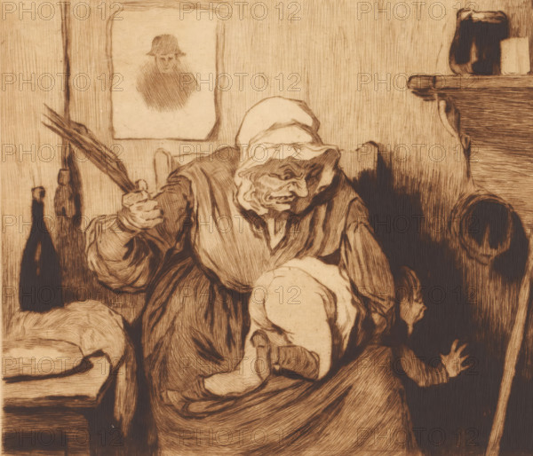 Child spanked by an old woman, print, annotation: '3rd state, two proofs', printmaker: Auguste
